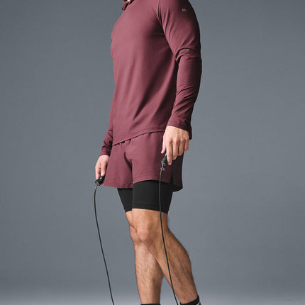 alo Men's Conquer Reform Long Sleeve With Hood - Burgundy Truffle