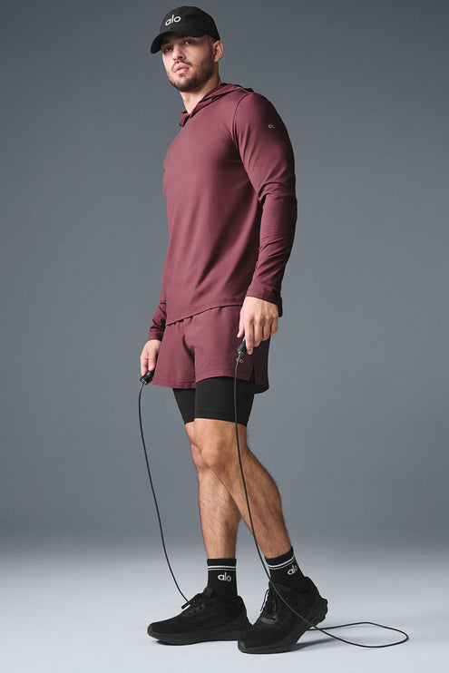 alo Men's Conquer Reform Long Sleeve With Hood - Burgundy Truffle