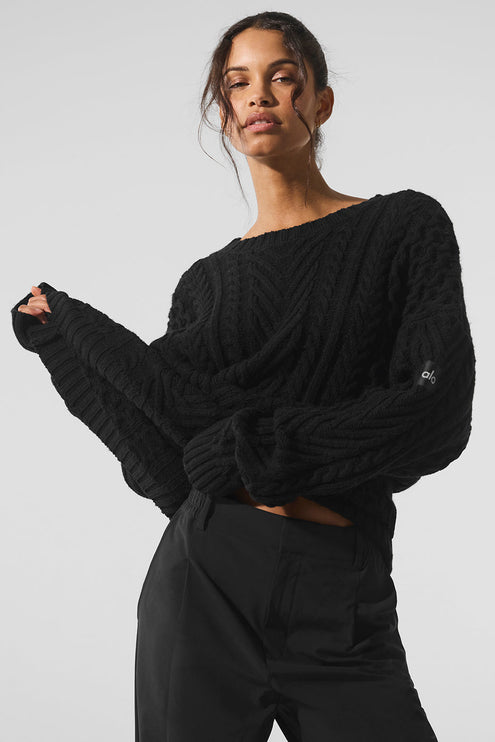 alo Women's Cable Knit Crew Neck Sweater - Black
