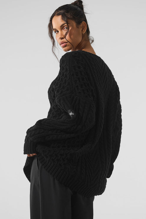 alo Women's Cable Knit Crew Neck Sweater - Black