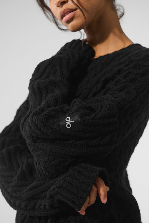 alo Women's Cable Knit Crew Neck Sweater - Black