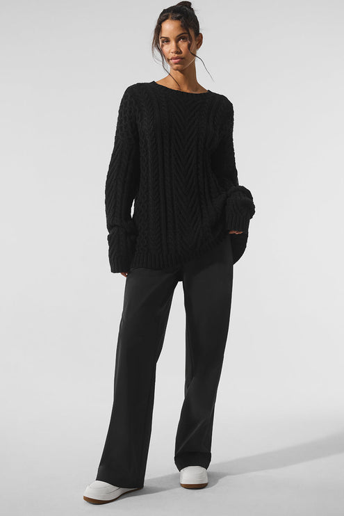 alo Women's Cable Knit Crew Neck Sweater - Black