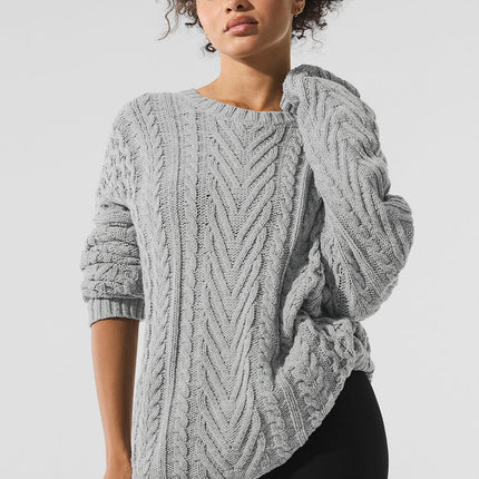 alo Women's Cable Knit Crew Neck Sweater - Athletic Heather Grey