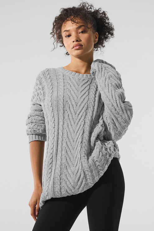alo Women's Cable Knit Crew Neck Sweater - Athletic Heather Grey