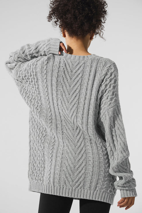 alo Women's Cable Knit Crew Neck Sweater - Athletic Heather Grey
