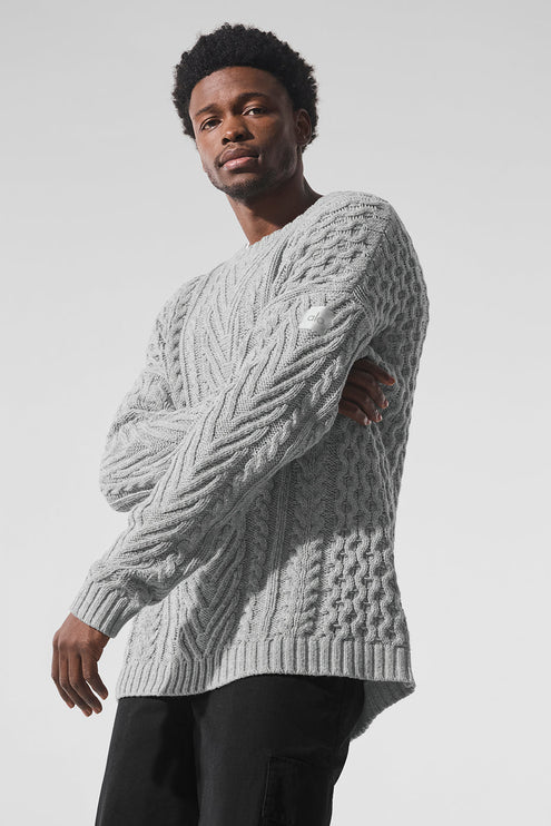 alo Men's Cable Knit Crew Neck Sweater - Athletic Heather Grey
