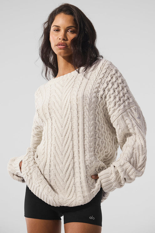 alo Women's Cable Knit Crew Neck Sweater - Bone