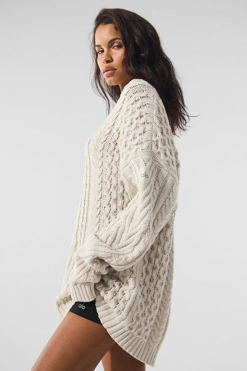 alo Women's Cable Knit Crew Neck Sweater - Bone