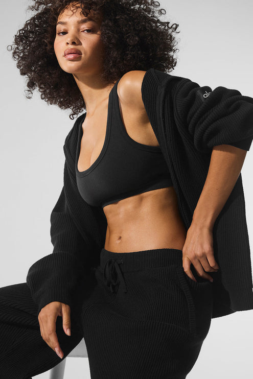 alo Women's Domain Rib Knit Full Zip Sweater - Black