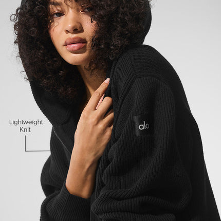 alo Women's Domain Rib Knit Full Zip Sweater - Black
