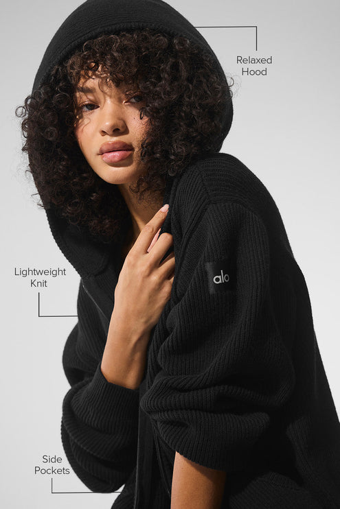 alo Women's Domain Rib Knit Full Zip Sweater - Black