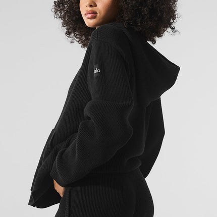 alo Women's Domain Rib Knit Full Zip Sweater - Black
