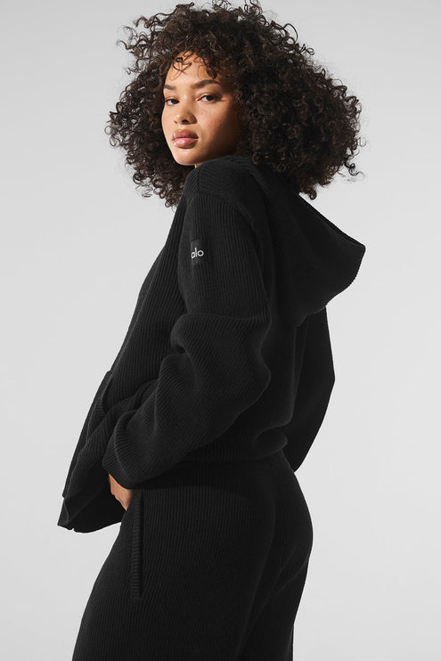 alo Women's Domain Rib Knit Full Zip Sweater - Black