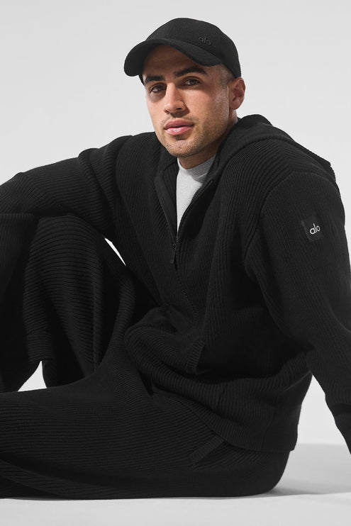 alo Men's Domain Rib Knit Full Zip Sweater - Black