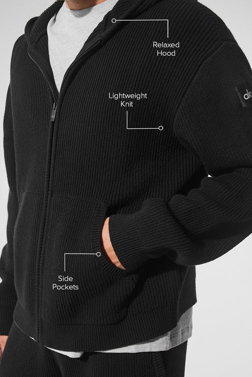 alo Men's Domain Rib Knit Full Zip Sweater - Black