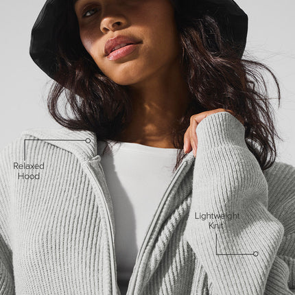 alo Women's Domain Rib Knit Full Zip Sweater - Athletic Heather Grey