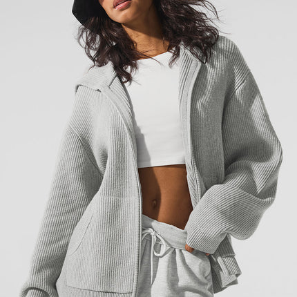 alo Women's Domain Rib Knit Full Zip Sweater - Athletic Heather Grey