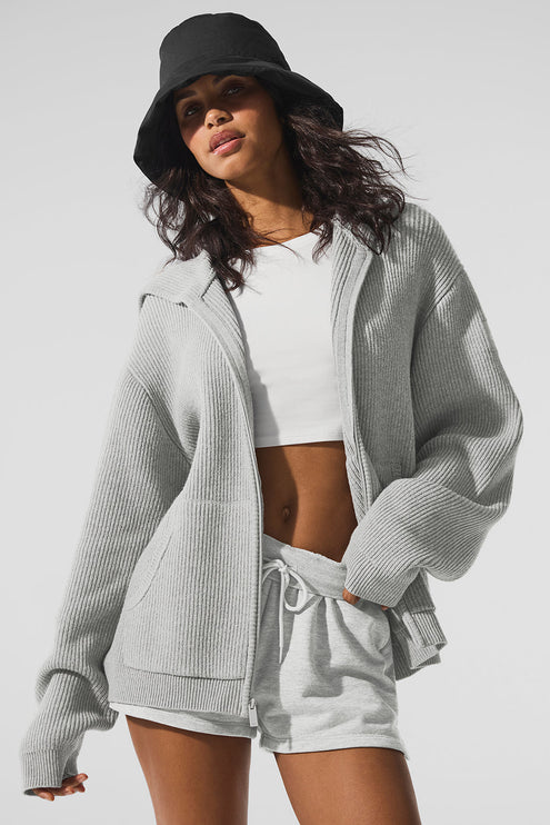 alo Women's Domain Rib Knit Full Zip Sweater - Athletic Heather Grey