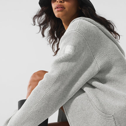 alo Women's Domain Rib Knit Full Zip Sweater - Athletic Heather Grey