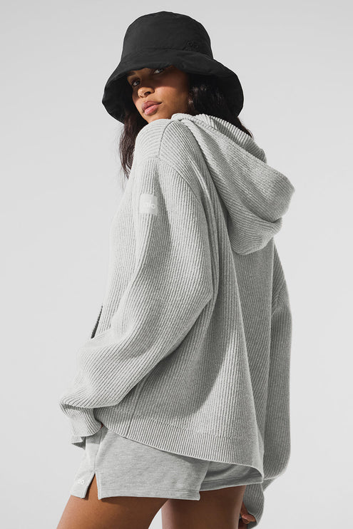 alo Women's Domain Rib Knit Full Zip Sweater - Athletic Heather Grey