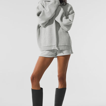 alo Women's Domain Rib Knit Full Zip Sweater - Athletic Heather Grey