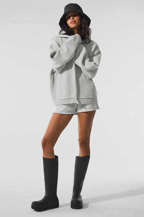 alo Women's Domain Rib Knit Full Zip Sweater - Athletic Heather Grey