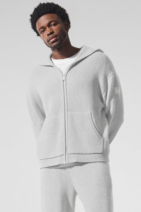 alo Men's Domain Rib Knit Full Zip Sweater - Athletic Heather Grey