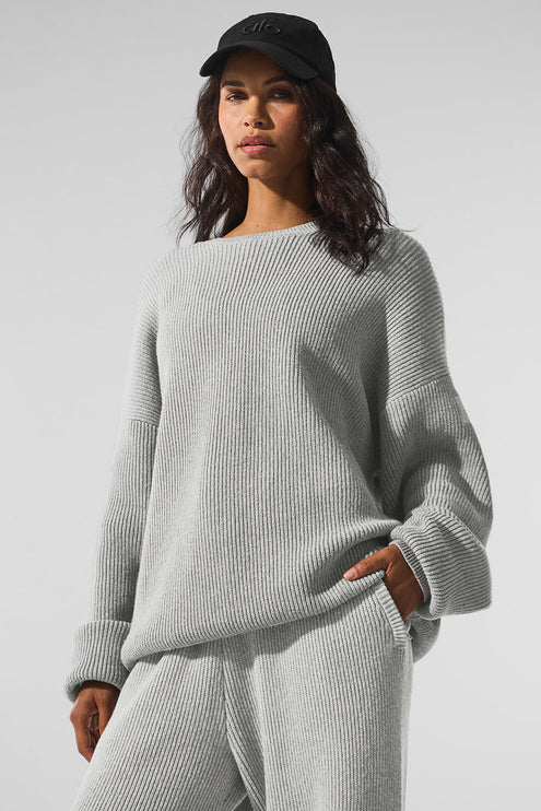 alo Women's Domain Rib Knit Crew Sweater - Athletic Heather Grey