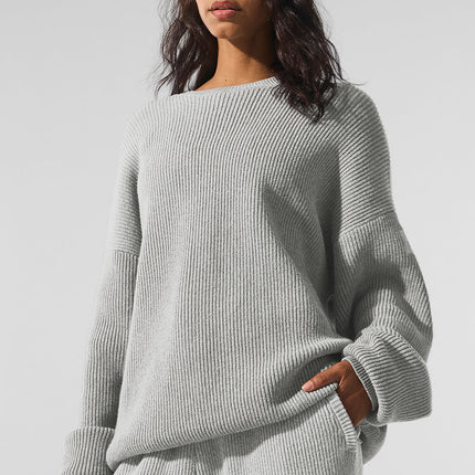 alo Women's Domain Rib Knit Crew Sweater - Athletic Heather Grey