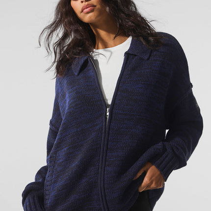 alo Women's Heritage Full Zip Sweater - Navy Multi