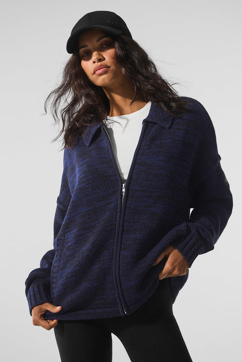 alo Women's Heritage Full Zip Sweater - Navy Multi