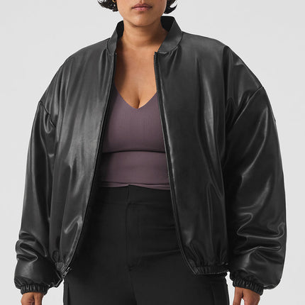 alo Women's Faux Leather Premier Bomber - Black