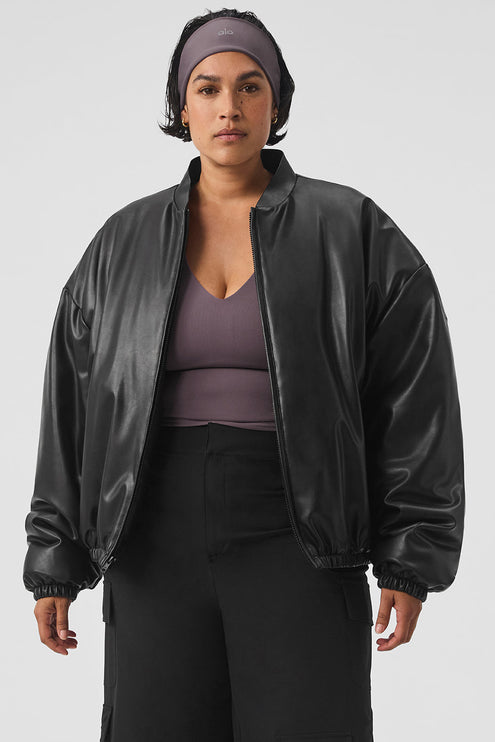 alo Women's Faux Leather Premier Bomber - Black