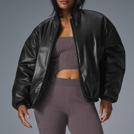 alo Women's Faux Leather Premier Bomber - Black