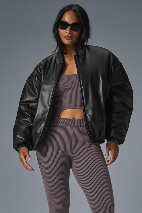 alo Women's Faux Leather Premier Bomber - Black