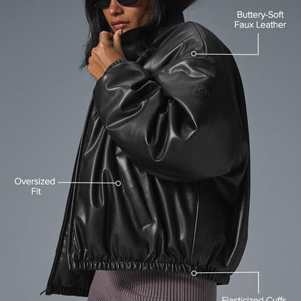 alo Women's Faux Leather Premier Bomber - Black