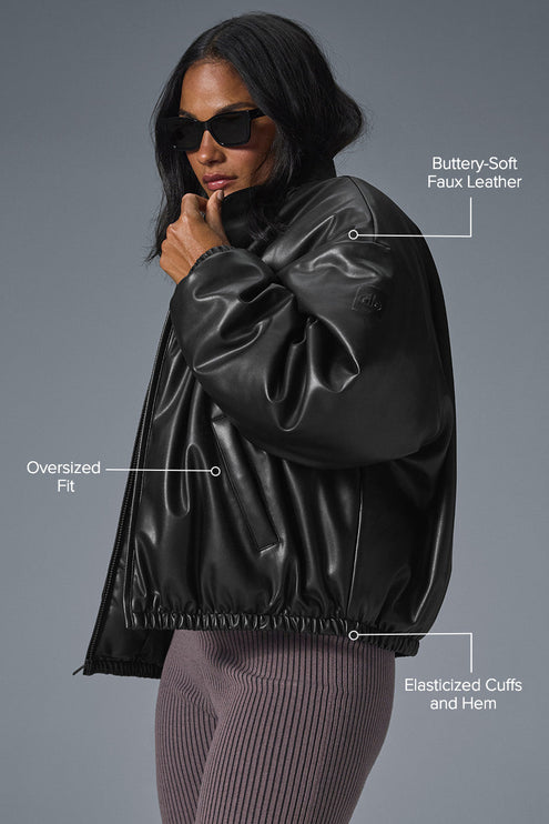 alo Women's Faux Leather Premier Bomber - Black
