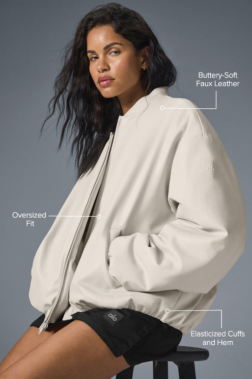 alo Women's Faux Leather Premier Bomber - Bone