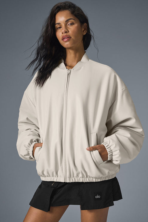 alo Women's Faux Leather Premier Bomber - Bone