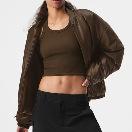 alo Women's Faux Leather Premier Bomber - Espresso