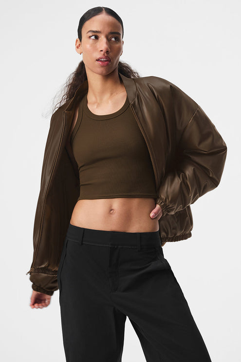 alo Women's Faux Leather Premier Bomber - Espresso