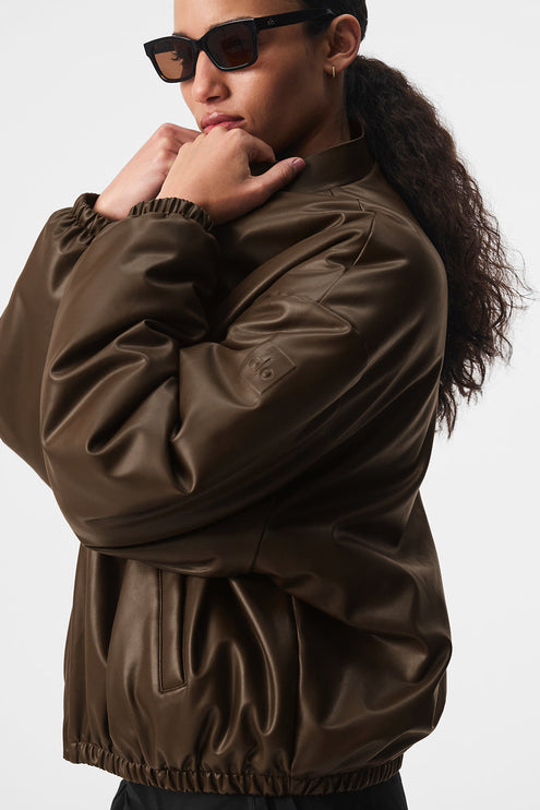 alo Women's Faux Leather Premier Bomber - Espresso