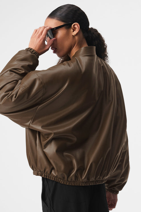 alo Women's Faux Leather Premier Bomber - Espresso