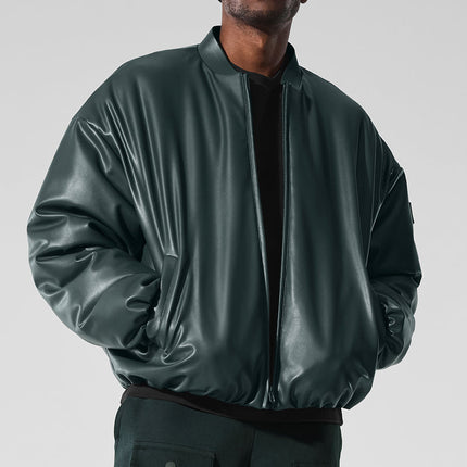 alo Men's Faux Leather Premier Bomber - Charcoal Green