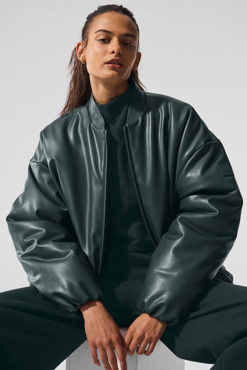 alo Women's Faux Leather Premier Bomber - Charcoal Green
