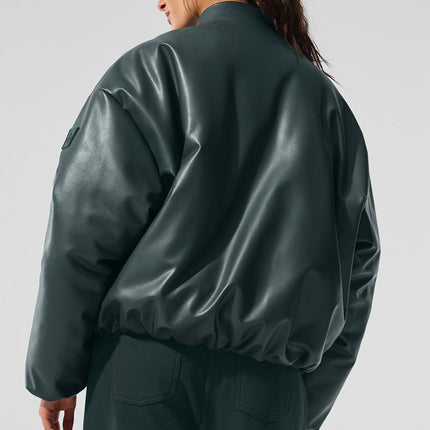 alo Women's Faux Leather Premier Bomber - Charcoal Green