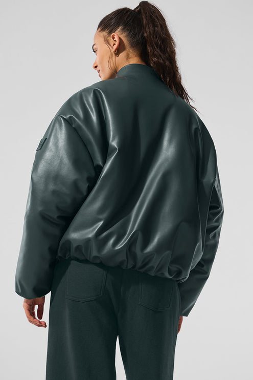 alo Women's Faux Leather Premier Bomber - Charcoal Green