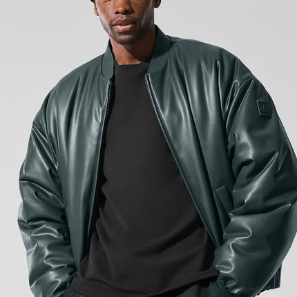 alo Men's Faux Leather Premier Bomber - Charcoal Green