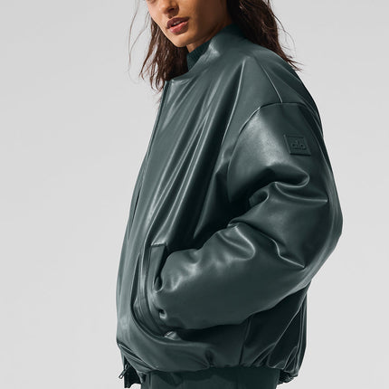 alo Women's Faux Leather Premier Bomber - Charcoal Green