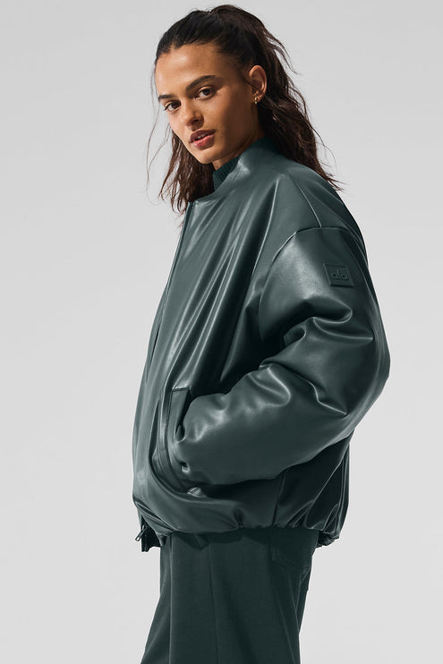 alo Women's Faux Leather Premier Bomber - Charcoal Green